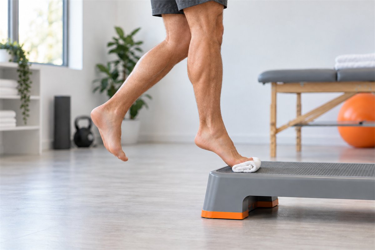 تمرين رفع الكعب على رجل واحدة مع منشفة تحت الأصابع